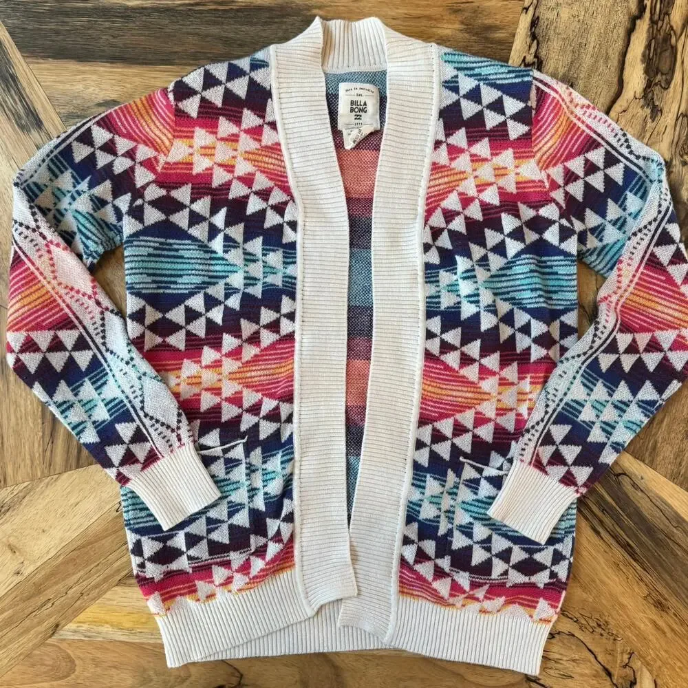 Billabong Girls L 12/14 Southwestern Aztec Geometric Knit Open Front Cardigan